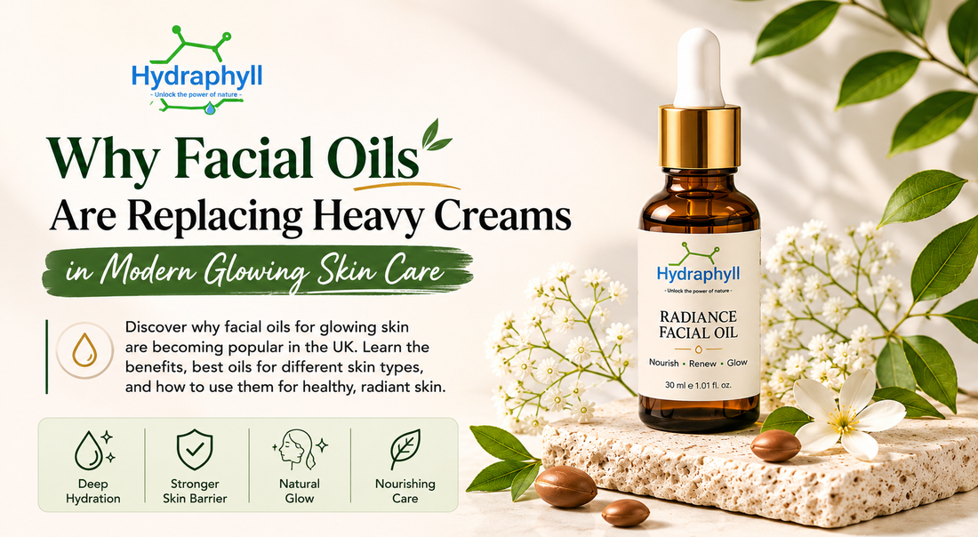 “Hydraphyll facial oil skincare banner for glowing skin.”